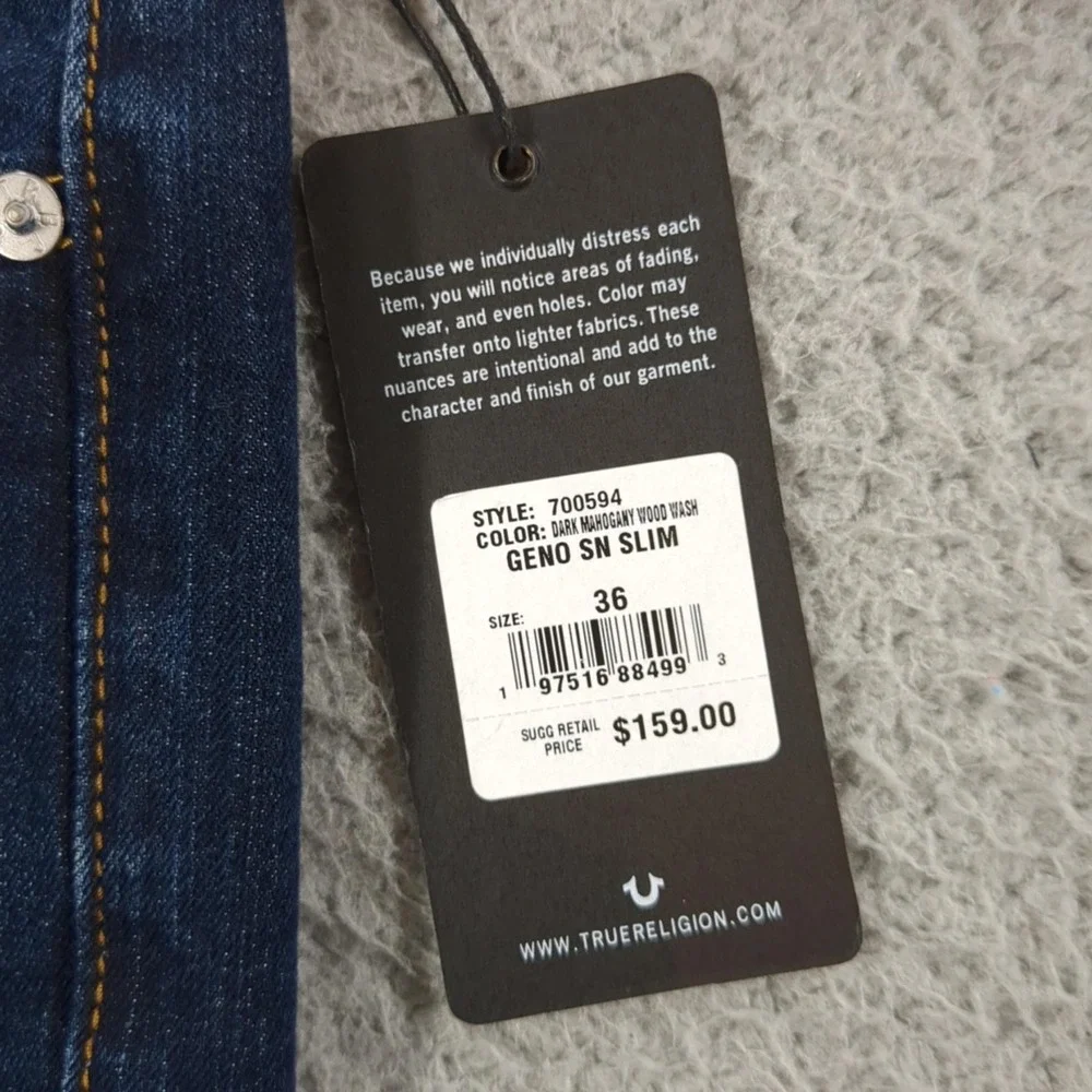 True Religion Geno SN Slim Jeans Mens 36x32 Dark Wash Straight Stretch Denim NWT
